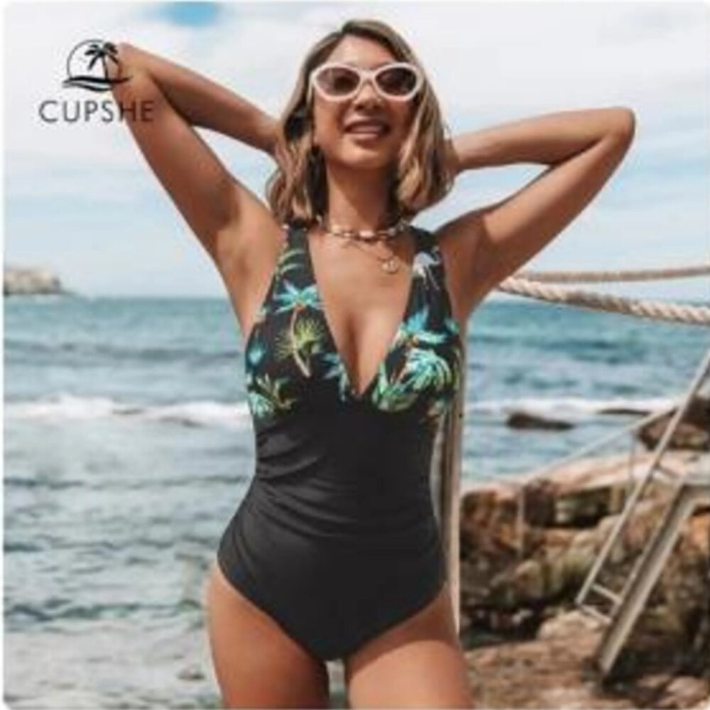 Cupshe Women's Black Floral One Piece Swimsuit Strappy XS NWT